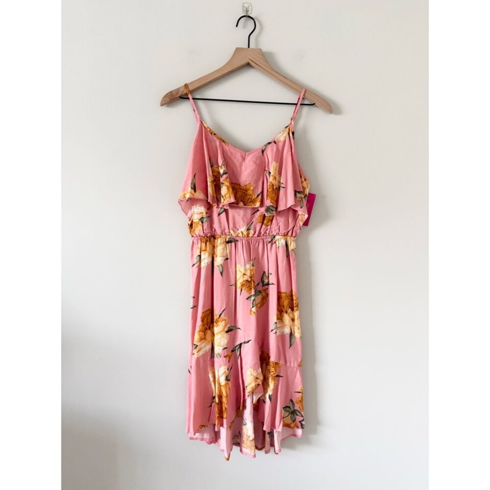 NWT Xhilaration Pink Floral Sundress Ruffle Neckline with Yellow Accent Size XS